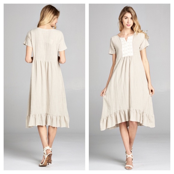 Flowy Taupe Linen Dress with Trim Chest Detail - Picture 2 of 3
